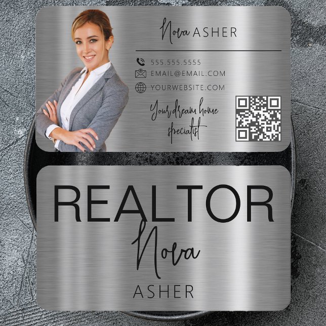 Real Estate Agent Realtor Photo QR Code Faux Metal Business Card (Creator Uploaded)