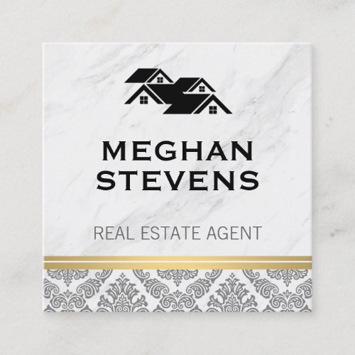 Real Estate Agent Rooftop Marble Damask Gold Trim Appointment Card