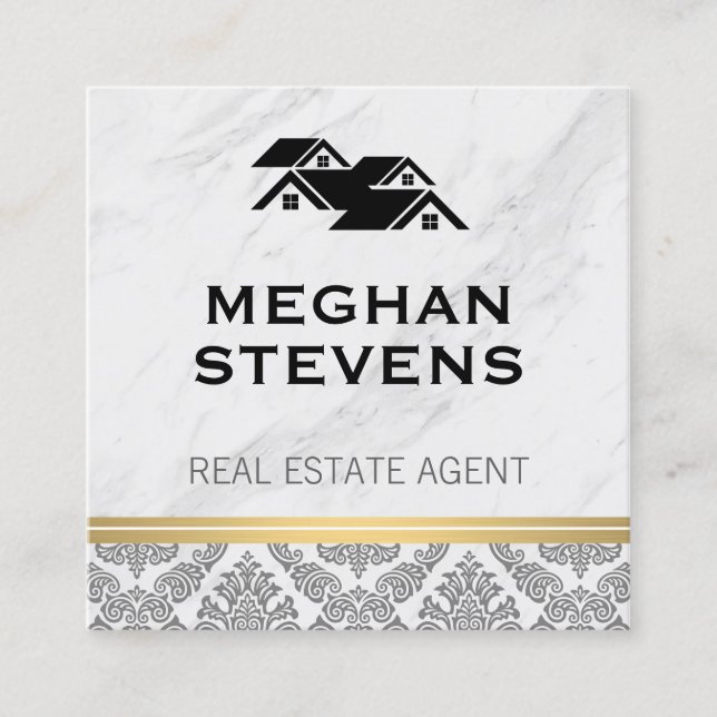 Real Estate Agent Rooftop Marble Damask Gold Trim Appointment Card (Front)