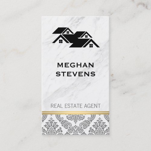 Real Estate Agent Rooftop Marble Damask Gold Trim Appointment Card