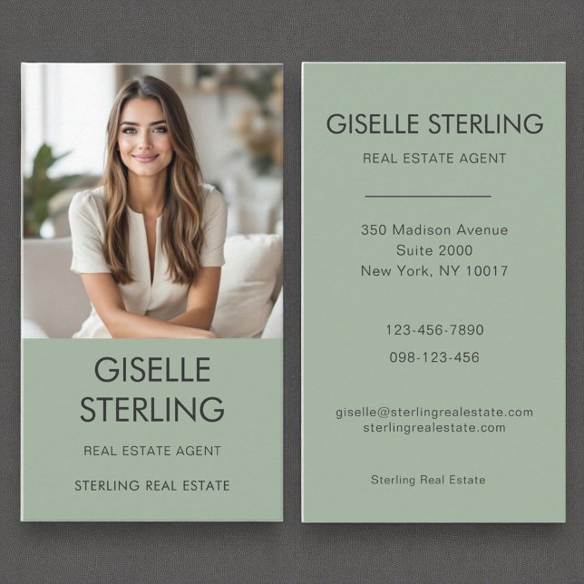 Real Estate Agent Sage Green Professional Photo  Business Card (Creator Uploaded)