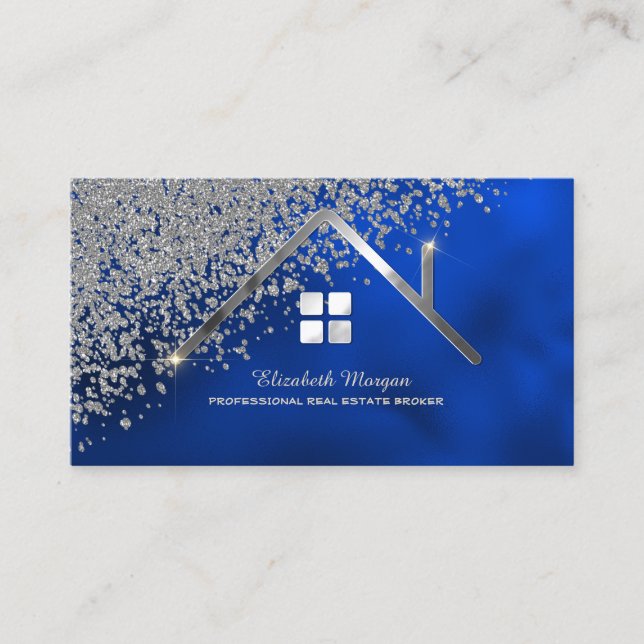 Real Estate Agent Silver House Diamonds Royal Blue Business Card (Front)