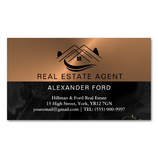 Real Estate Agent silver Metallic Copper Business Card Magnet (Front)