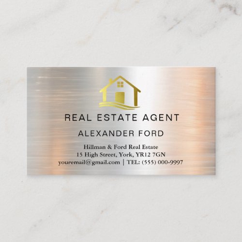 Real Estate Agent silver Metallic Gold Marble  Business Card