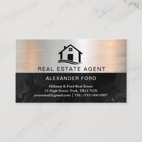 Real Estate Agent silver Metallic Gold Marble  Business Card