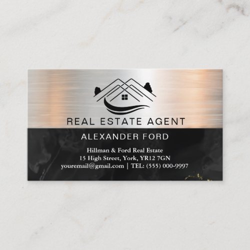 Real Estate Agent silver Metallic Gold Marble  Business Card