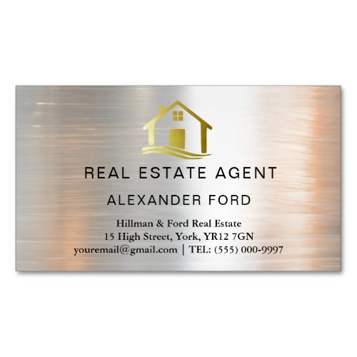 Real Estate Agent silver Metallic Gold Marble  Business Card Magnet