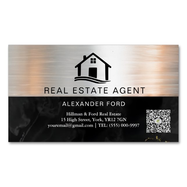 Real Estate Agent silver Metallic Gold Marble  Business Card Magnet (Front)