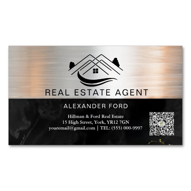 Real Estate Agent silver Metallic Gold Marble  Business Card Magnet (Front)