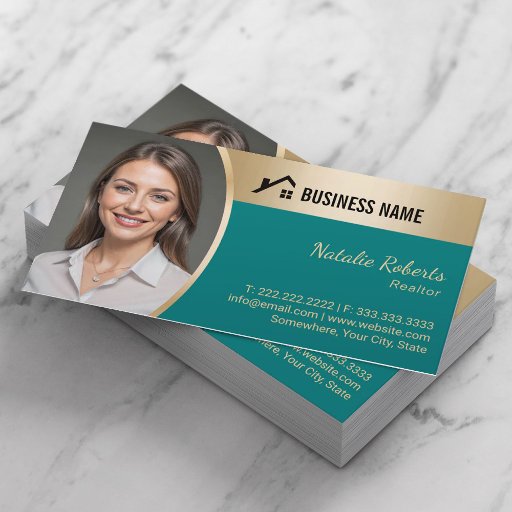Customizable Real Estate Agent Teal &amp; Gold Realtor Photo Business Card