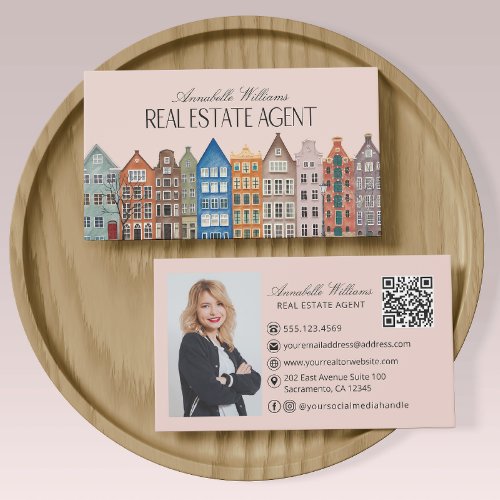 Real Estate Agent Watercolor Houses QR Code Business Card