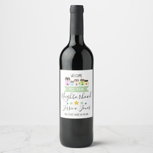 Real estate agent welcome to neighbourhood gift wine label (Front)