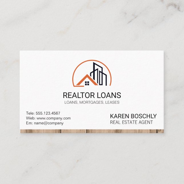 Real Estate Agent | Wood Trim Home Icon Business Card (Front)