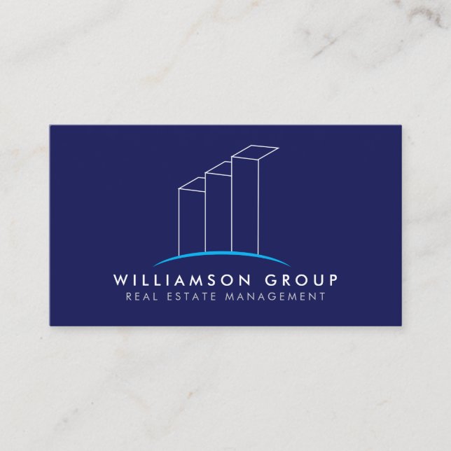 Real Estate, Architect, Building Logo on Blue Business Card (Front)