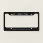 Real Estate Black Gold Custom Company Marketing License Plate Frame<br><div class="desc">This chic real estate company license plate frame is custom made with your realty company and agent name. This classy black and gold open house marketing design features a pretty house with a weathervane on top and sleek curves underneath.</div>