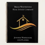 Real Estate Black Gold Custom Realtor 2026 Company Planner<br><div class="desc">This chic real estate company 2026 planner is custom made with your realty company and agent name. This classy black and gold notebook features a pretty house with a weathervane on top and sleek curves underneath. Personalize this business marketing gift with your own information.</div>