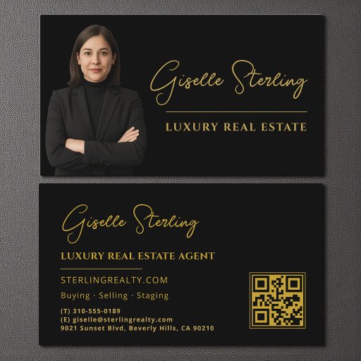 Customizable Real Estate Black Gold QR Code Script Luxury  Business Card