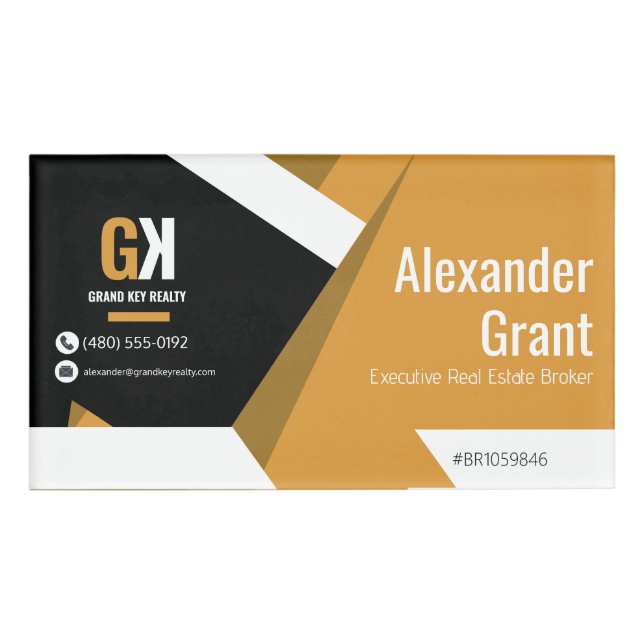 Real Estate Black & Gold Real Estate Name Tag (Front)