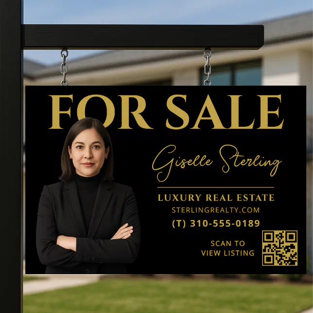 Real Estate Black Gold Script Luxury For Sale Sign | Zazzle