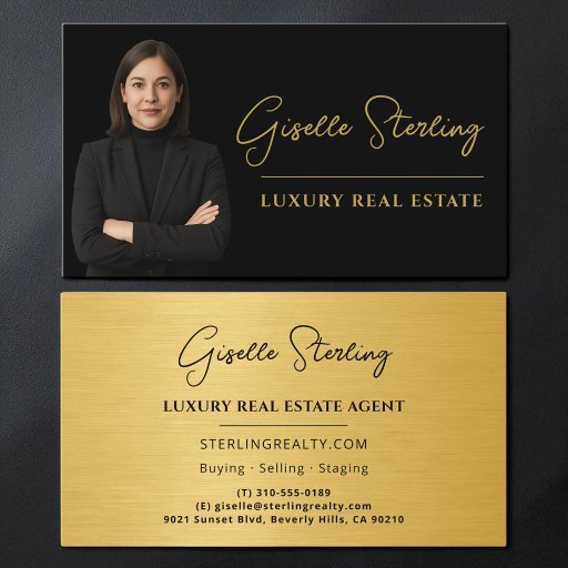 Customizable Real Estate Black Gold Script Luxury Metallic Business Card