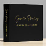 Real Estate Black Gold Script Luxury Professional 3 Ring Binder<br><div class="desc">Present your brand with sophistication using this black and gold script luxury real estate binder. The sleek matte black background and refined gold lettering create a professional, high-end impression — perfect for listing presentations, client packets, and property documents. Ideal for real estate agents, brokers, and property consultants who value organization...</div>