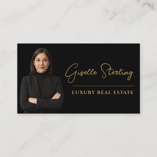 Real Estate Black Gold Script Luxury Professional Business Card (Front)