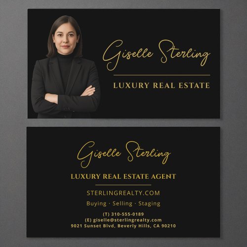 Real Estate Black Gold Script Luxury Professional Business Card