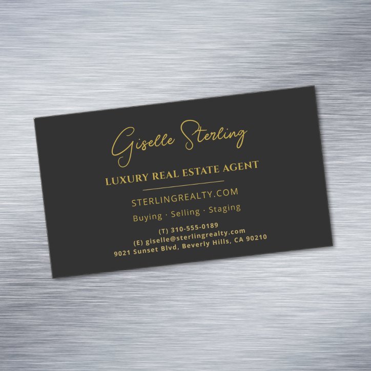 Real Estate Black Gold Script Luxury Professional Business Card Magnet