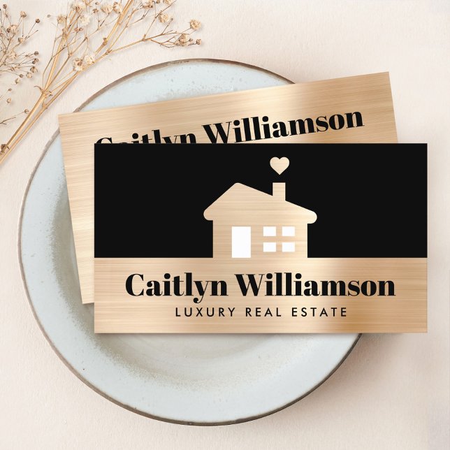 Real Estate Broker Agent Black Gold Modern House Business Card (Creator Uploaded)