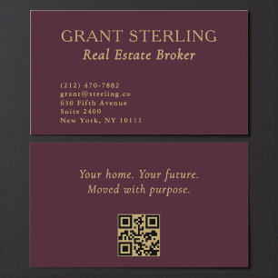 Real Estate Broker Burgundy Gold QR Code Business Card