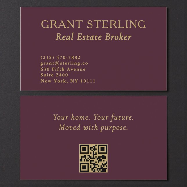 Real Estate Broker Burgundy Gold QR Code  Business Card (Creator Uploaded)