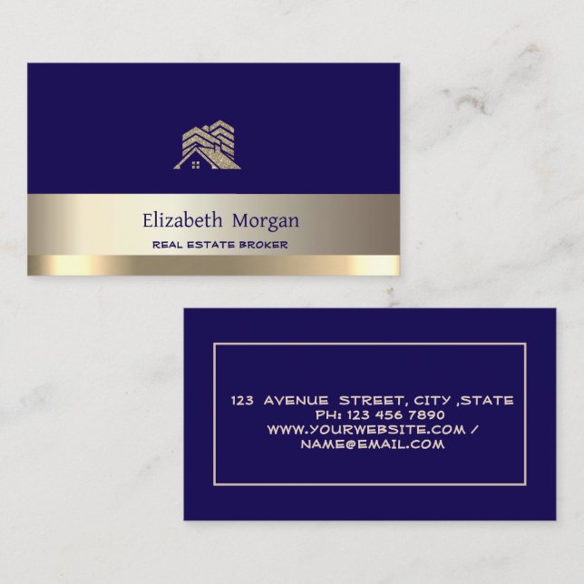 Real Estate Broker Glitter House Roof Blue Business Card (Front/Back)
