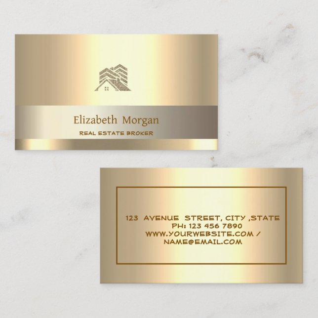 Real Estate Broker Glitter House Roof Gold Business Card (Front/Back)