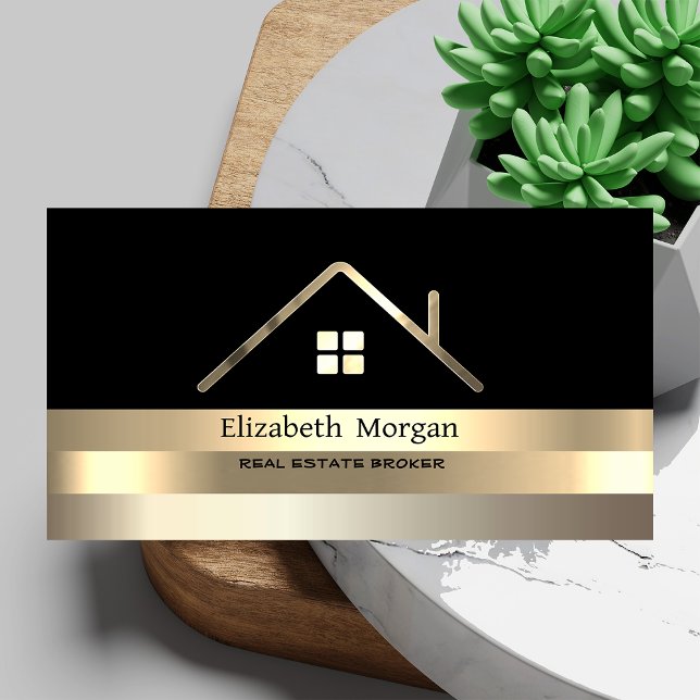  Real Estate Broker House Gold Striped Roof Black Business Card (Creator Uploaded)