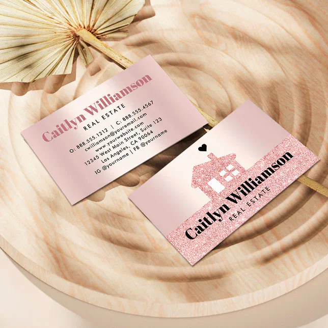 Real Estate Broker House Pink Rose Gold Glitter Business Card Zazzle