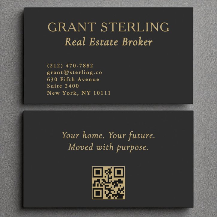 Real Estate Broker Minimalist Black Gold QR Code Business Card