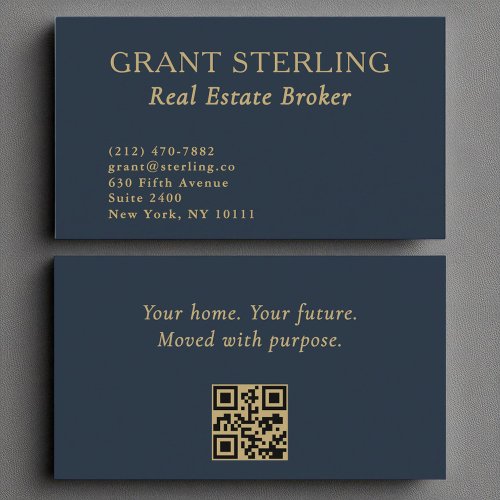 Real Estate Broker Navy Blue Gold QR Code  Business Card