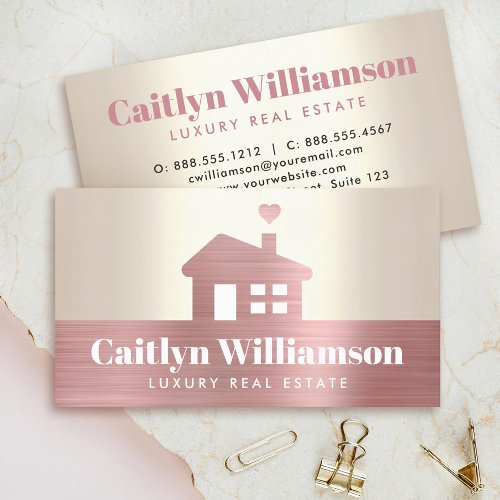 Real Estate Broker Pink Foil House Gold Modern Business Card