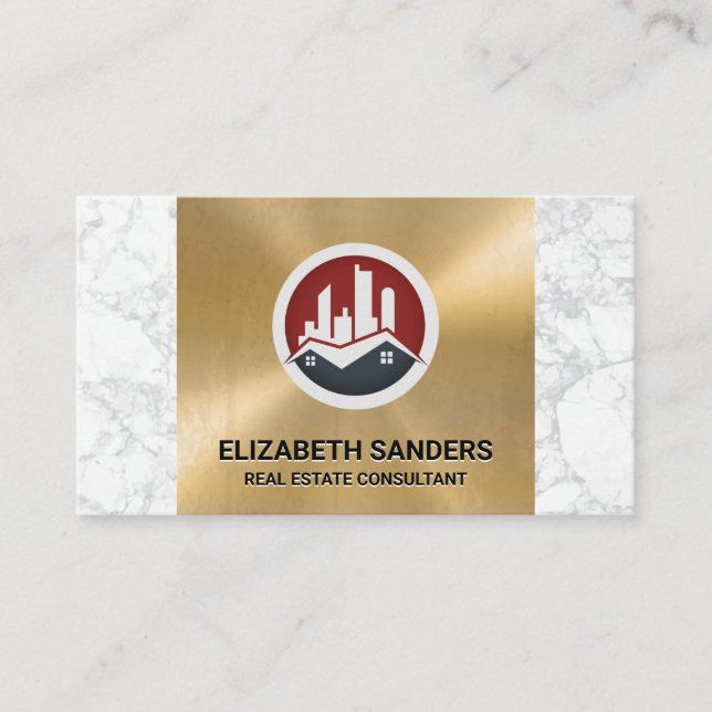 Real Estate Buildings | Gold Metal | Marble Business Card (Front)