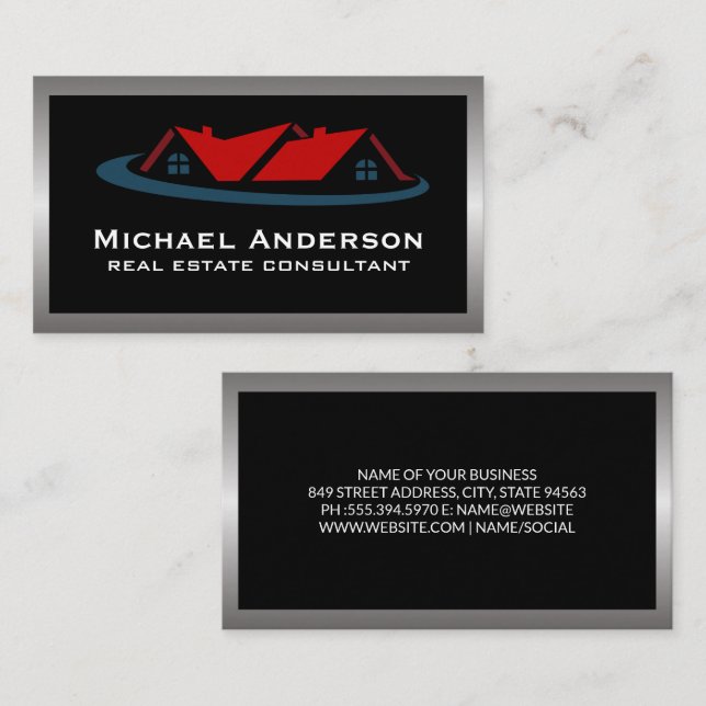 Real Estate Buildings Logo | Metal Border Business Card (Front/Back)