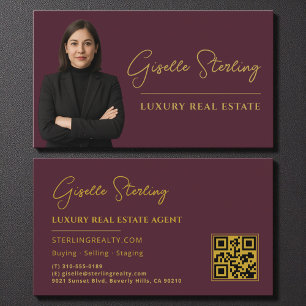 Real Estate Burgundy Gold QR Code Script Luxury Business Card