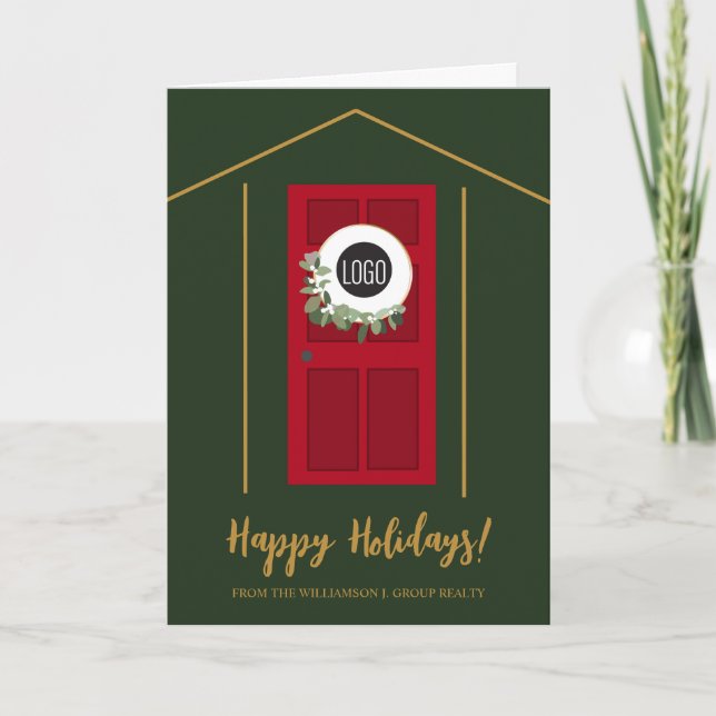 Real estate Business logo wreath on Door Greeting Holiday Card (Front)
