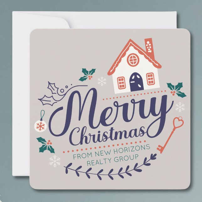 Real Estate Business Promotional Modern Christmas Holiday Card (Real Estate Agent Company Business Christmas Card modern wreath design with house elements custom)