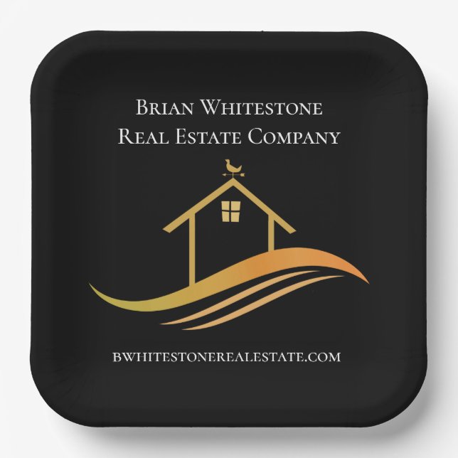 Real Estate Chic Black Gold Custom Open House Paper Plates (Front)