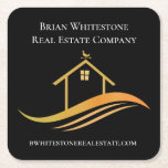 Real Estate Chic Black Gold Custom Open House Square Paper Coaster<br><div class="desc">This chic real estate company coaster is custom made with your realty company and agent name. This classy black and gold open house decor features a pretty house with a weathervane on top and sleek curves underneath. Personalize this business marketing design with your own information. Keep the design or replace...</div>