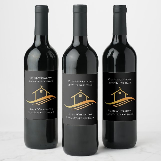 Real Estate Chic Black Gold House Custom Realtor Wine Label (Bottles)