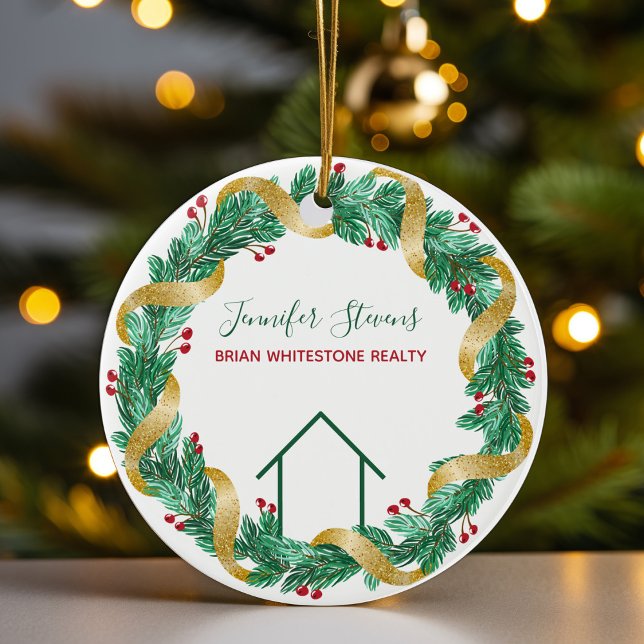 Real Estate Christmas Elegant Green Gold Custom Ceramic Ornament (Creator Uploaded)