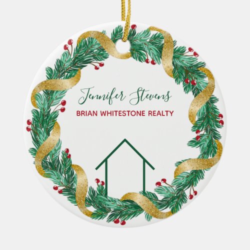 Real Estate Christmas Elegant Green Gold Custom Ceramic Ornament