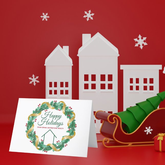 Real Estate Christmas Elegant Green Gold Custom Holiday Card (Creator Uploaded)