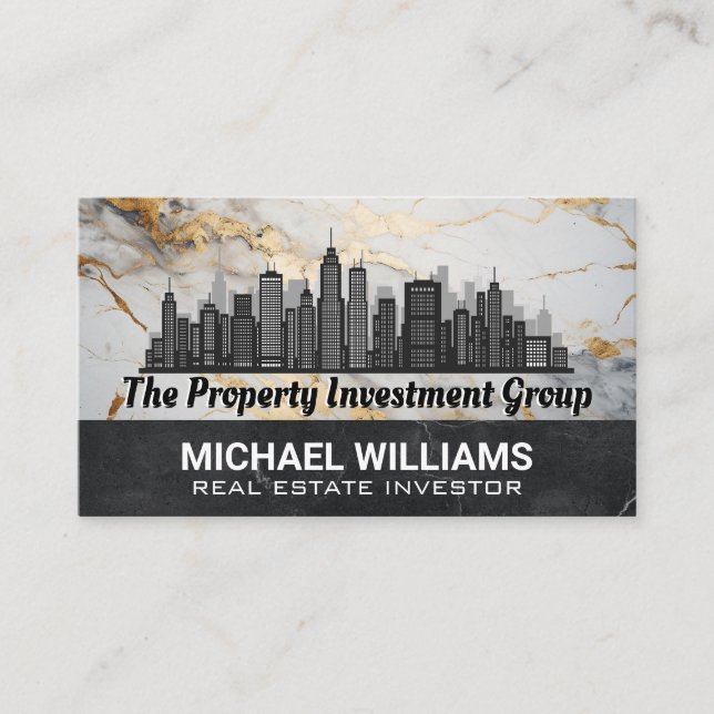 Real Estate City Skyline | Marble Business Card (Front)